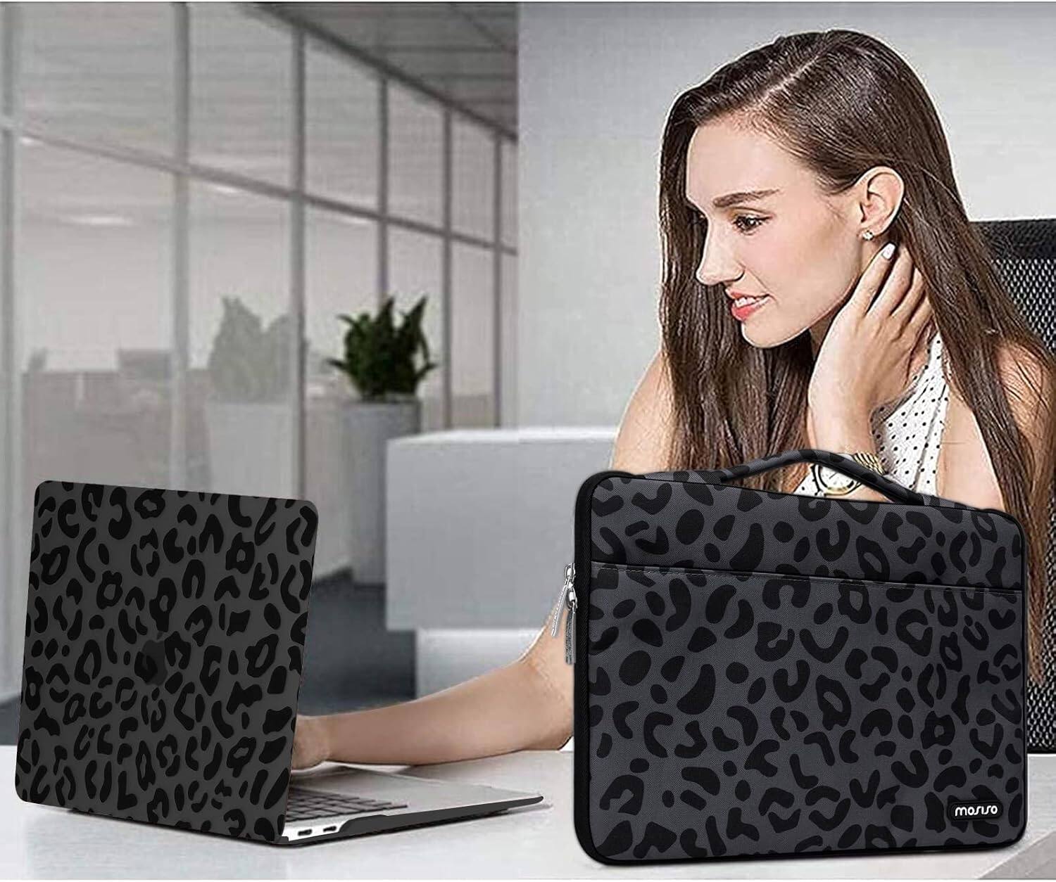 Alt View 3. mosiso - 5IN1 Kit for MacBook Air 13 inch Case M1 A2337 A2179 A1932 2021-2018, Case&Bag&Keyboard Skin&Webcam Cover&Screen Film - Black Leopard Grain.