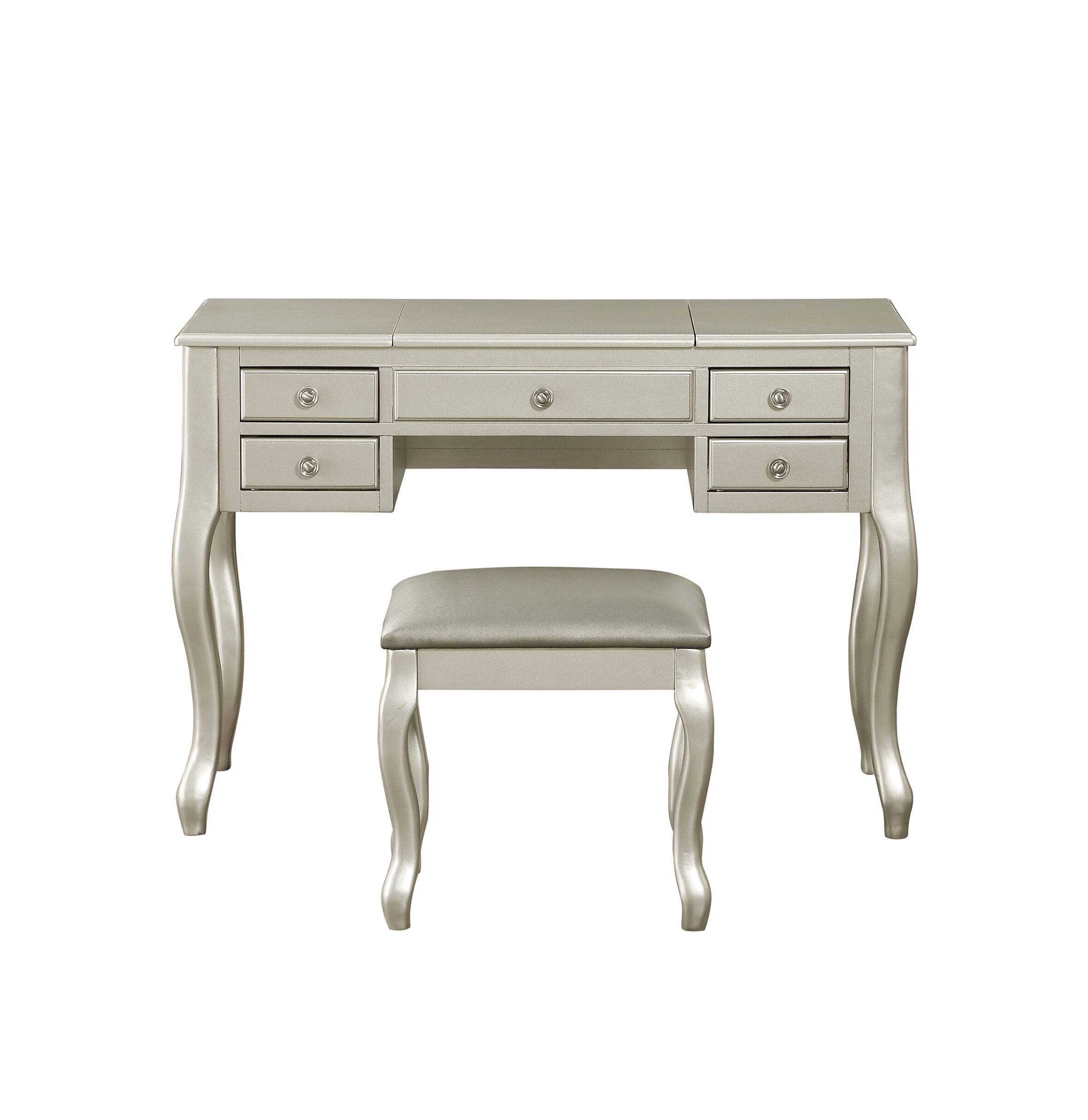 Angle. APRILSOUL - Classic Vanity Set w Stool Silver Color Drawers Open-up Mirror Bedroom Furniture Unique Legs Cushion Seat Stool Vanity - Silver.