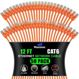 Maximm - Cat 6 Ethernet Cable 12 ft (50-Pack) - UTP, 10Gbps, 550MHz