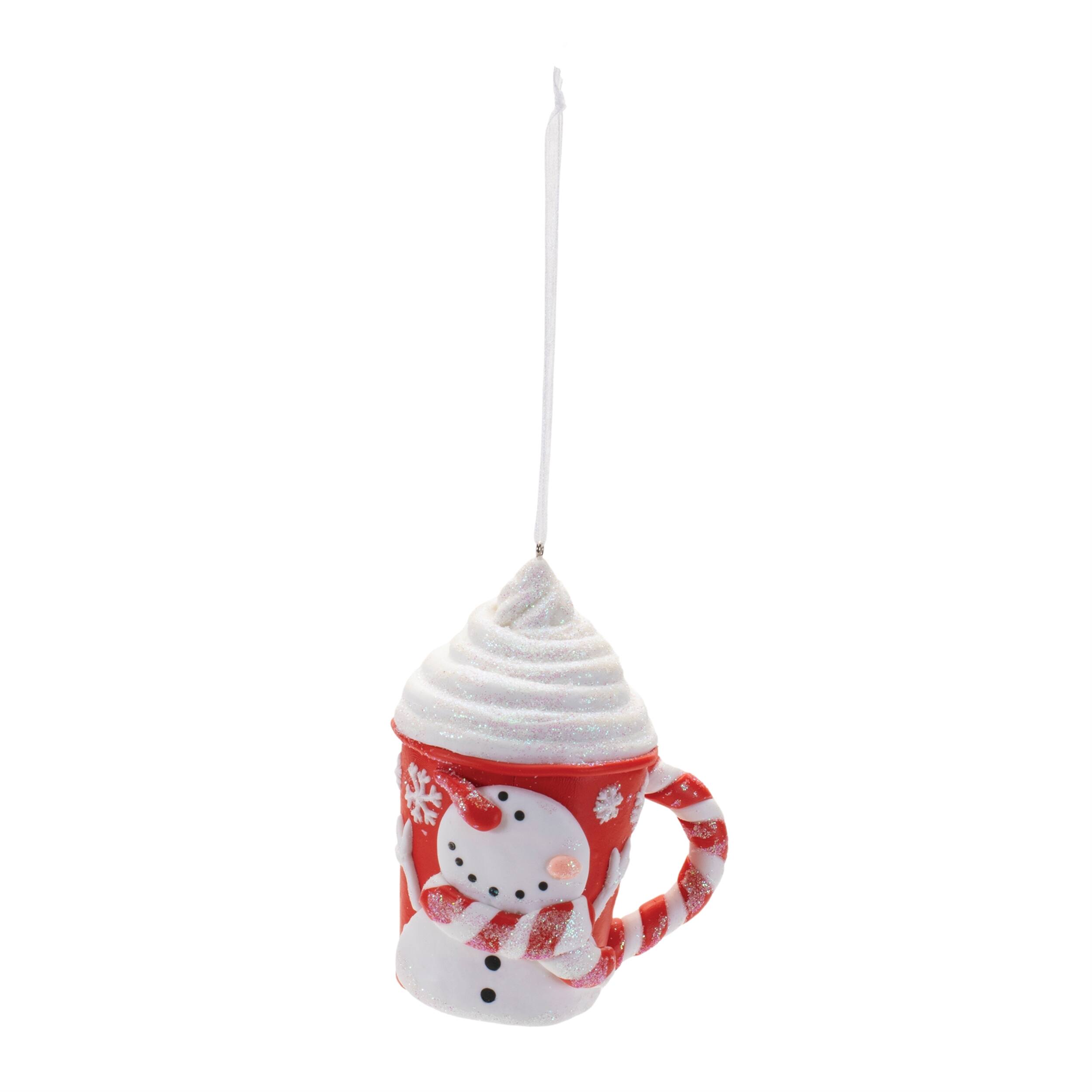 Angle. BreeBe - Peppermint Snowman Mug Ornament (Set of 12) - Red, White.