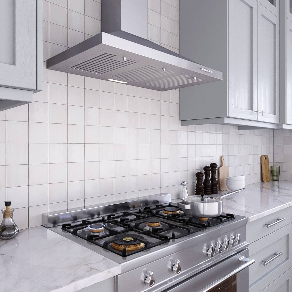 Back. Streamline - 36 in. Gaiola Ducted Wall Mount 220 CFM Range Hood, Baffle Filters, Push Button Control, LED Light - Brushed Stainless Steel.