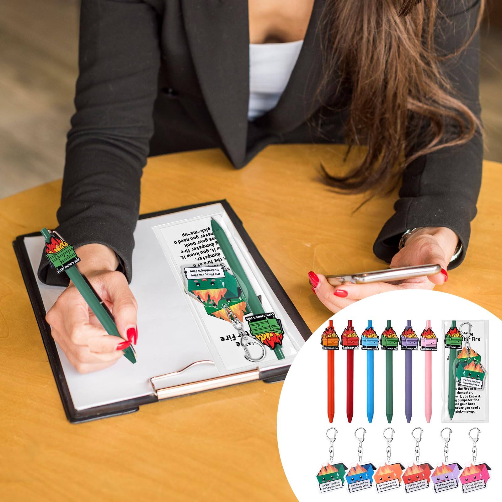 Sure, here is the corrected and grouped text:

---

**Main Text:**
- "a me DO byey-we-nb Me JNANG pae Ben 1 bock dumpster it. E fire i it.gouknow noh ' know dumpster - . B 8 91. -a - m - L CIL Fire 6 PTNR t hire d N. - dungeter. -now - dungan dre en gu Sack ge nad P--2 me SO Min TTSL"

**Corrected Text:**
- "a me DO byey-we-nb Me JNANG pae Ben 1 bock dumpster it. E fire i it. You know noh ' know dumpster - . B 8 91. -a - m - L CIL Fire 6 PTNR t hire d N. - dumpster. -now - dungan dre en gu Sack ge nad P--2 me SO Min TTSL"

---

**Additional Text from the Image:**

**On the Pen:**
- "Fire"
- "Let it go up in flames"
- "Let it go black"
- "Pick-me-up"

**On the Keychain:**
- "Fire"
- "Let it go up