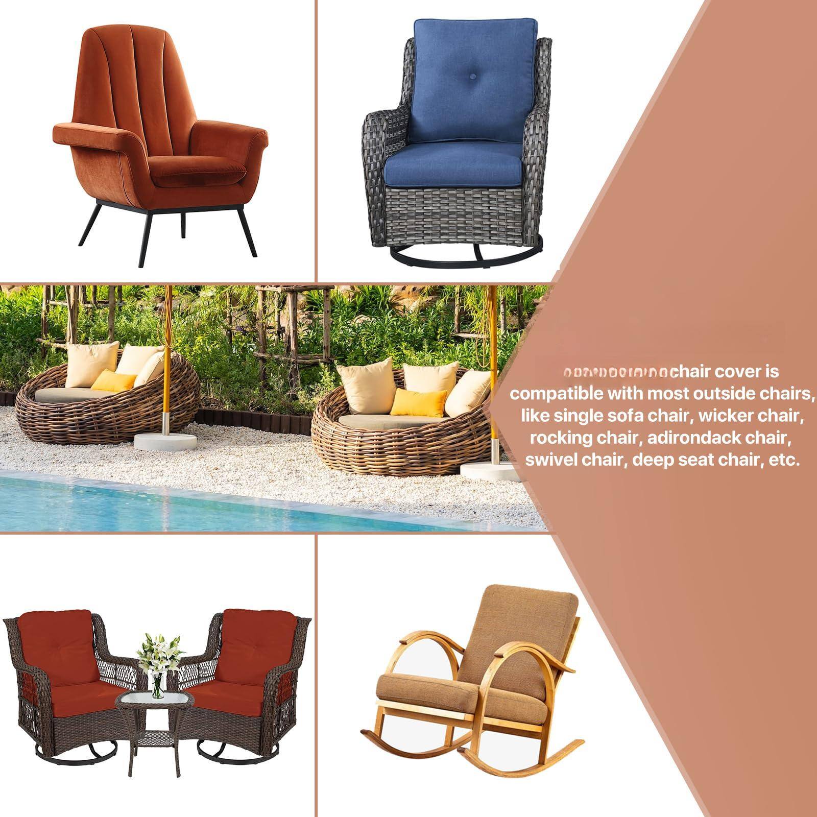 The text on the image can be grouped and corrected as follows:

---

**Chair Cover Compatibility:**

This chair cover is compatible with most outside chairs, like single sofa chair, wicker chair, rocking chair, adirondack chair, swivel chair, deep seat chair, etc.

---

**Images:**

1. A brown armchair.
2. A blue cushioned wicker chair.
3. A wicker outdoor seating area with cushions.
4. A wicker sofa set with red cushions.
5. A wooden rocking chair.

---