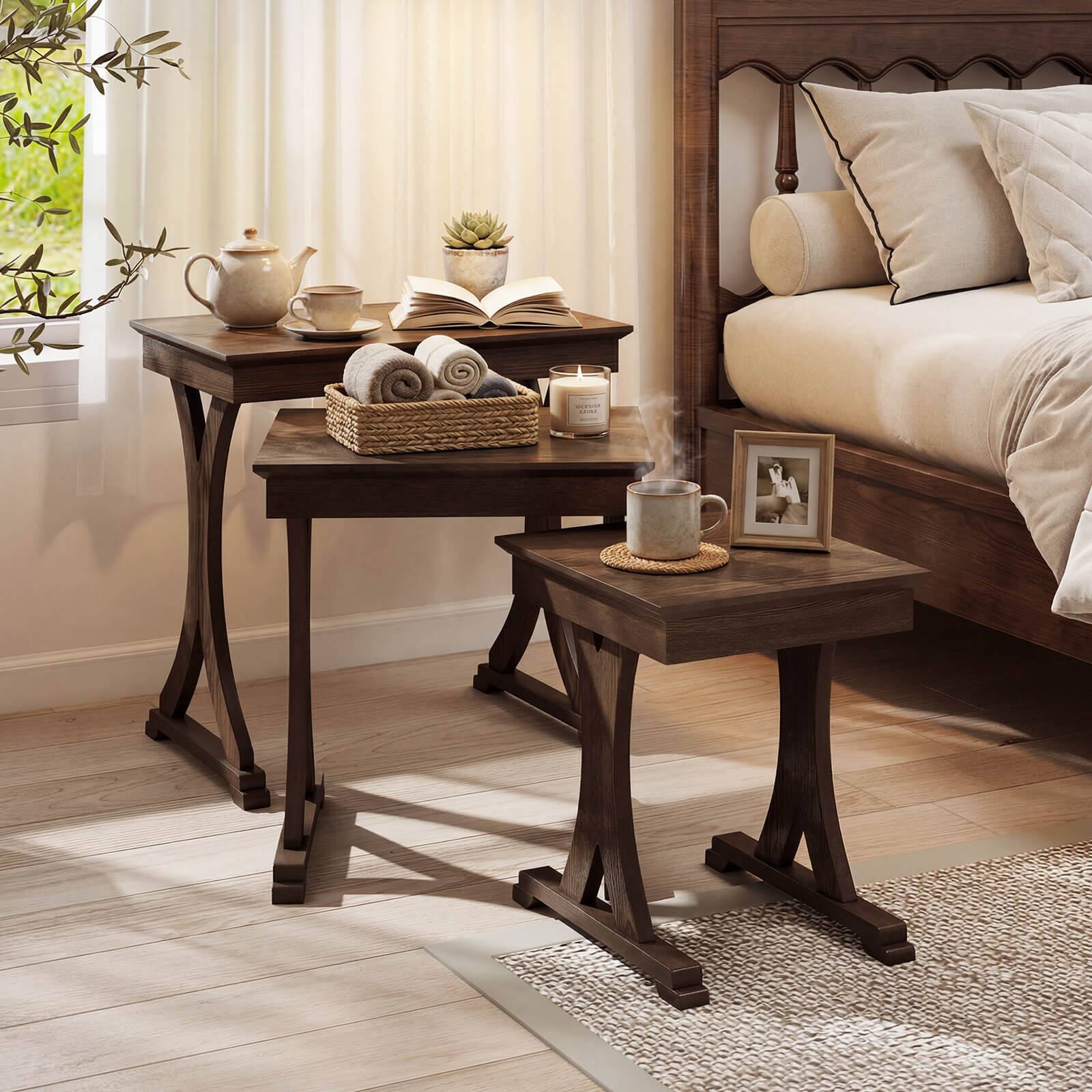 Alt View 4. Costway - Costway 3PCS Nesting Coffee Table, Side Table with Solid Rubber Wood Legs for Living Room - Brown.