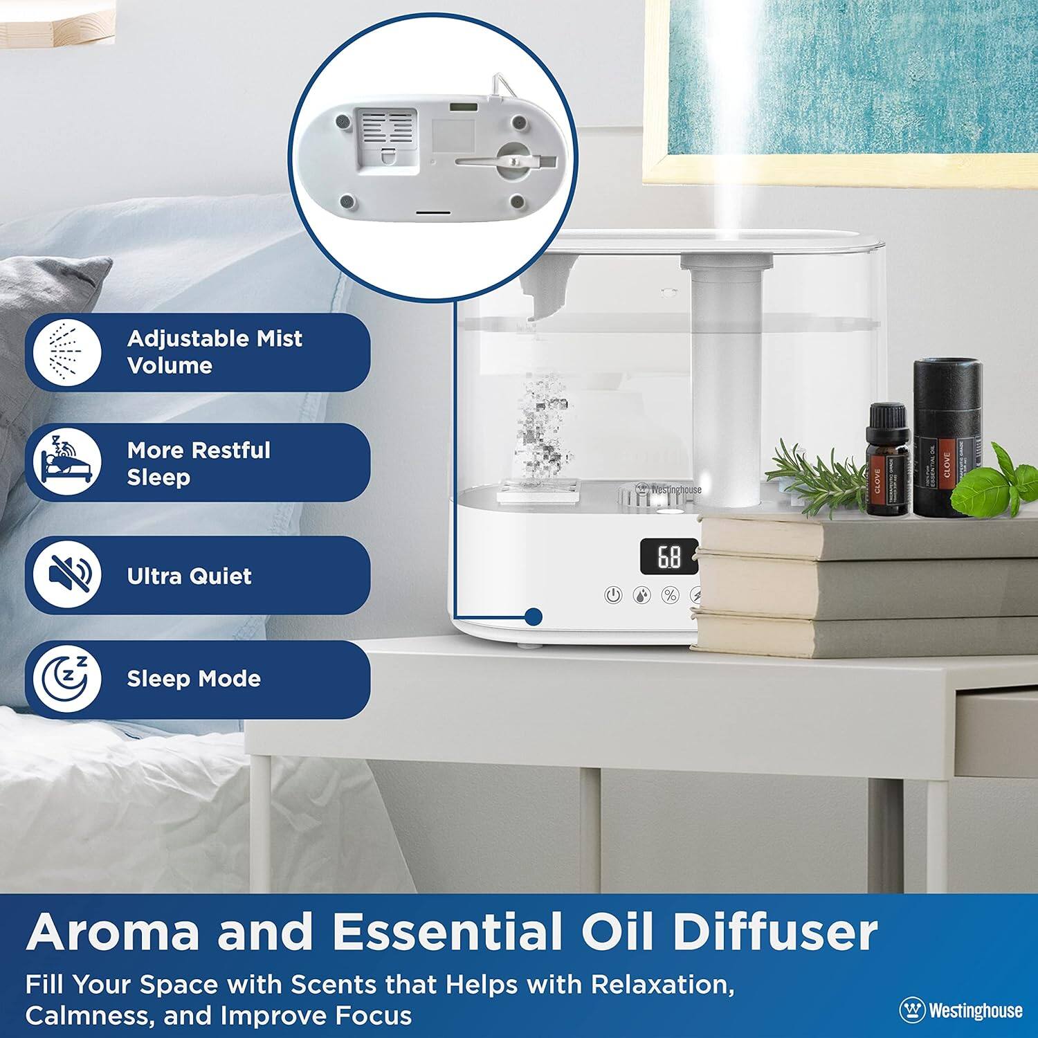Adjustable Mist Volume More Restful Sleep Ultra Quiet C d 68% Sleep Mode Aroma and Essential Oil Diffuser Fill Your Space with Scents that Help with Relaxation, Calmness, and Improve Focus.