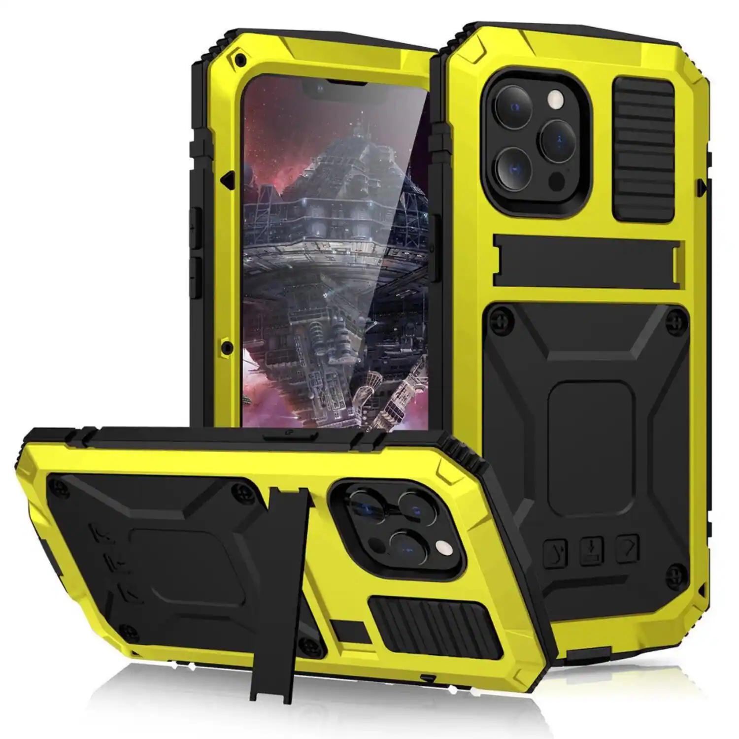 Stock Preferred - Three Anti Waterproof Shockproof Dustproof Full Body Case with Built-In Screen Protector for iPhone 13 Pro Max - Yellow