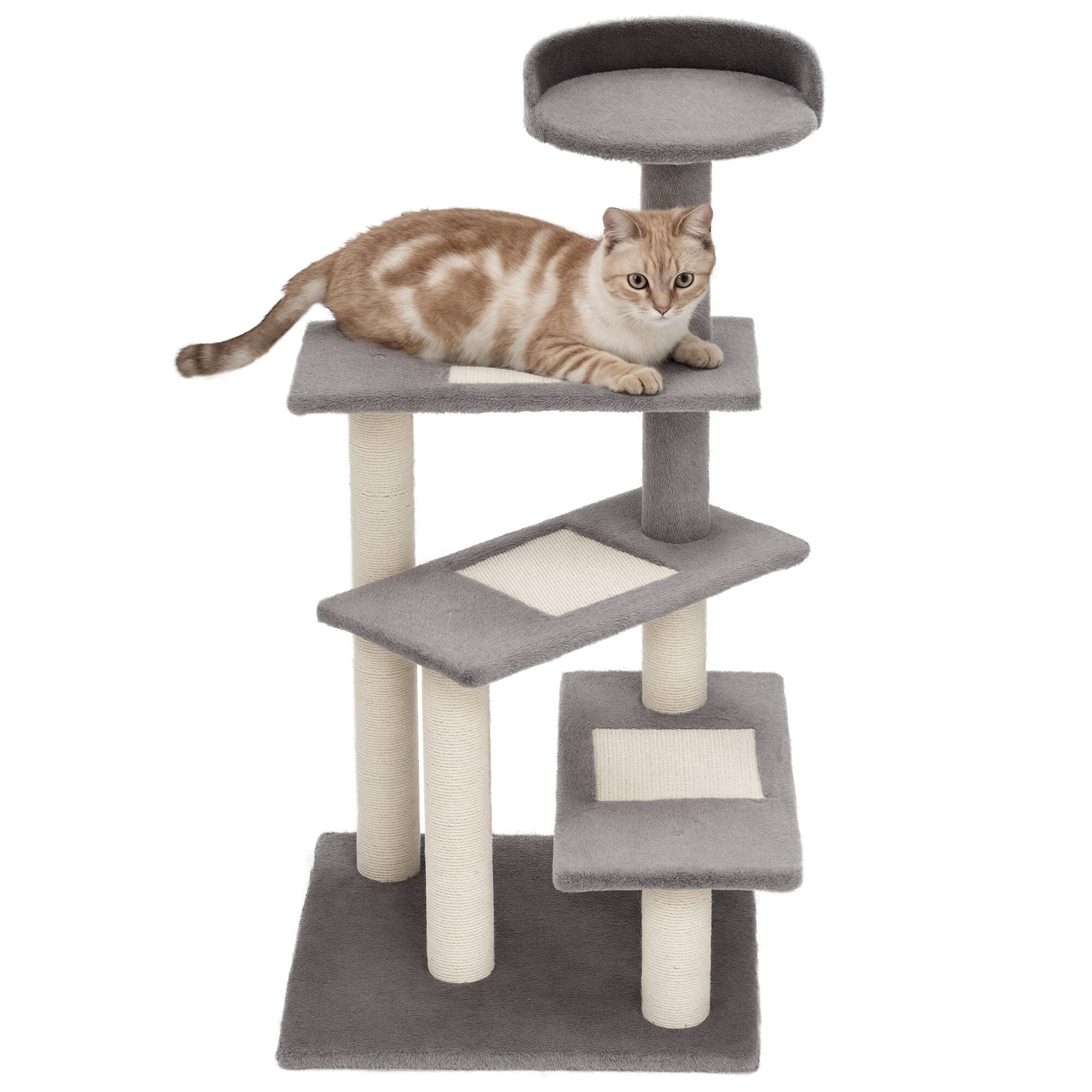 Front. Pawhut - 40" 5-Level Revolving Stair Cat Tree Scratcher Climbing Activity Tower with Play Center and Resting Perch - Beige, Grey.