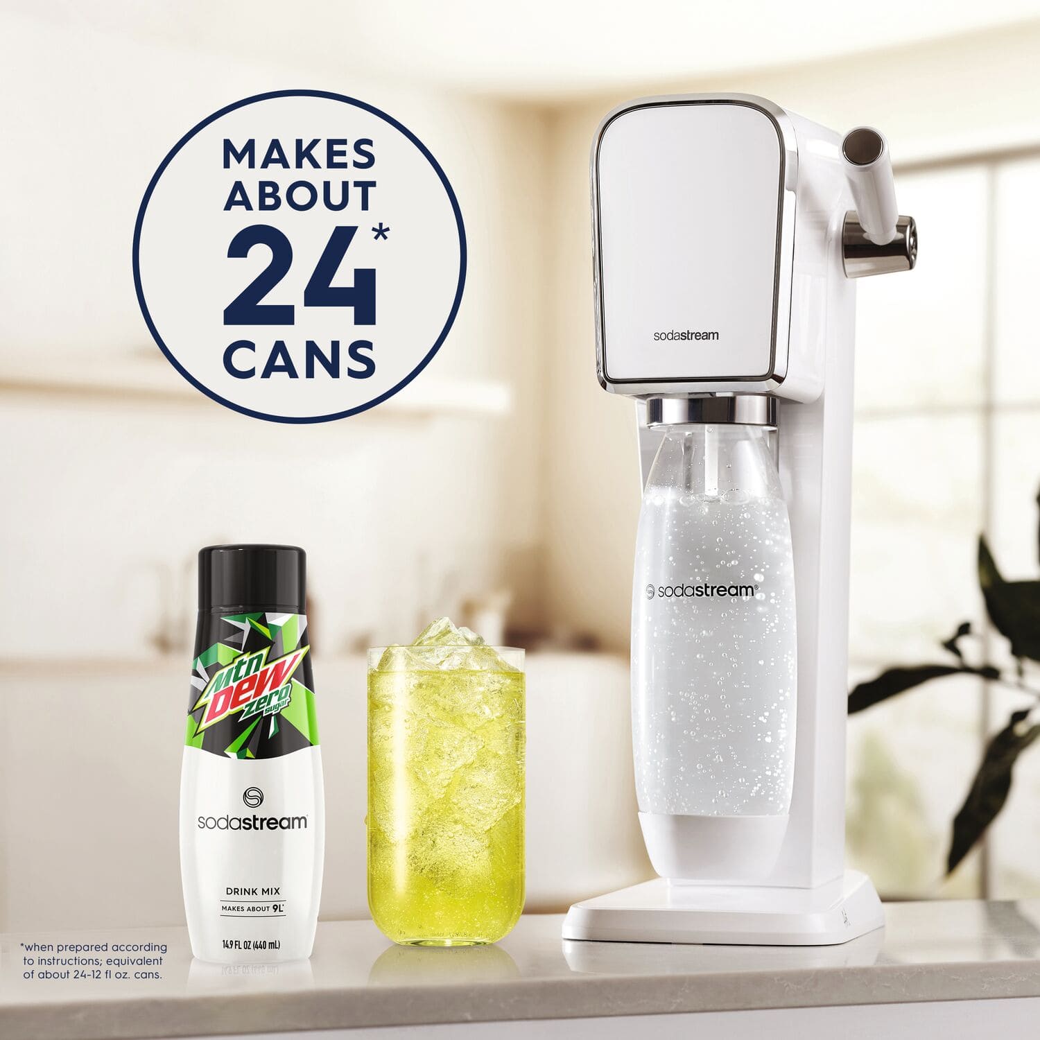 The text on the image reads: "Makes about 24 CANS sodastream beverage zero 9 sodastream orinco mix about 24-12 oz when prepared according to instructions: equivalent of about 24-12 oz cans."