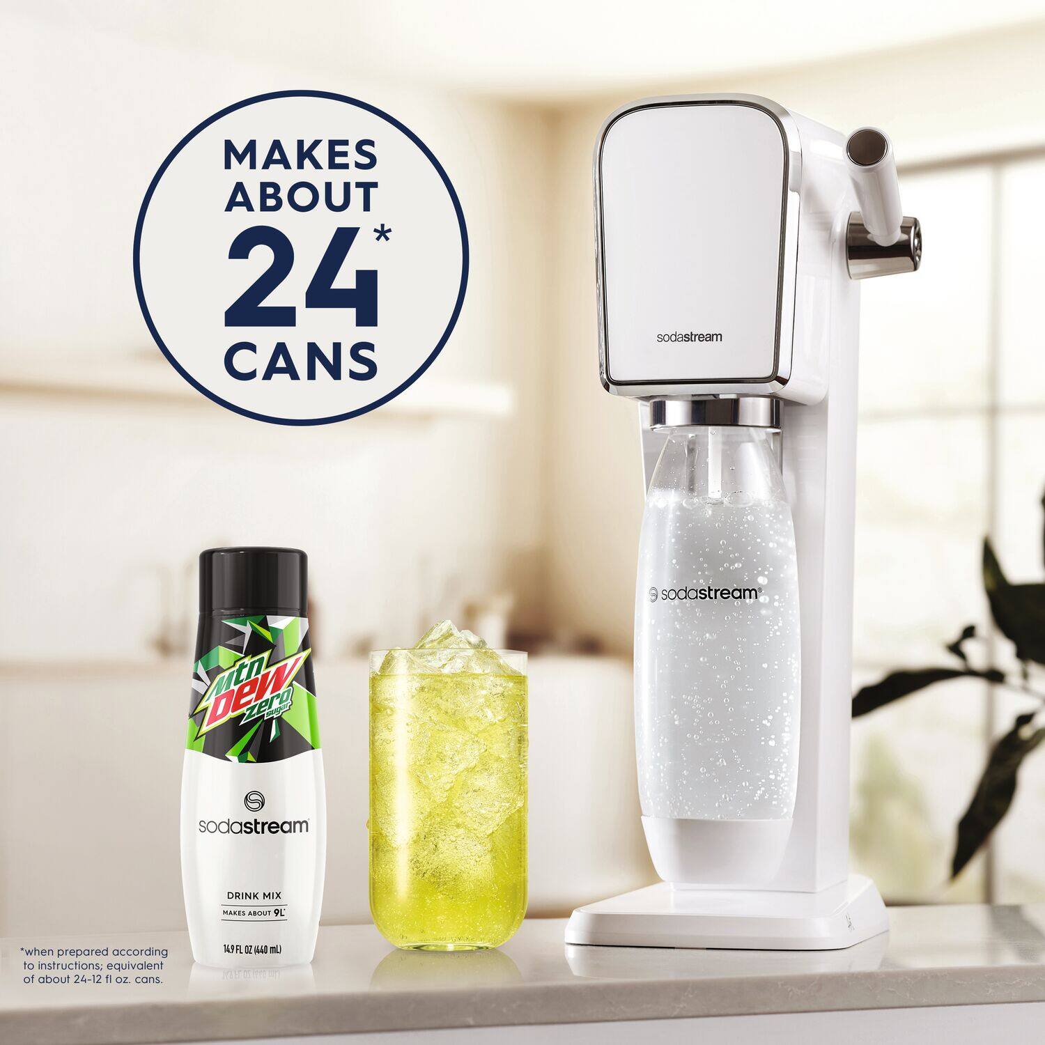 The text on the image reads: "Makes about 24 CANS sodastream beverage zero 9 sodastream orinco mix about 24-12 oz when prepared according to instructions: equivalent of about 24-12 oz cans."