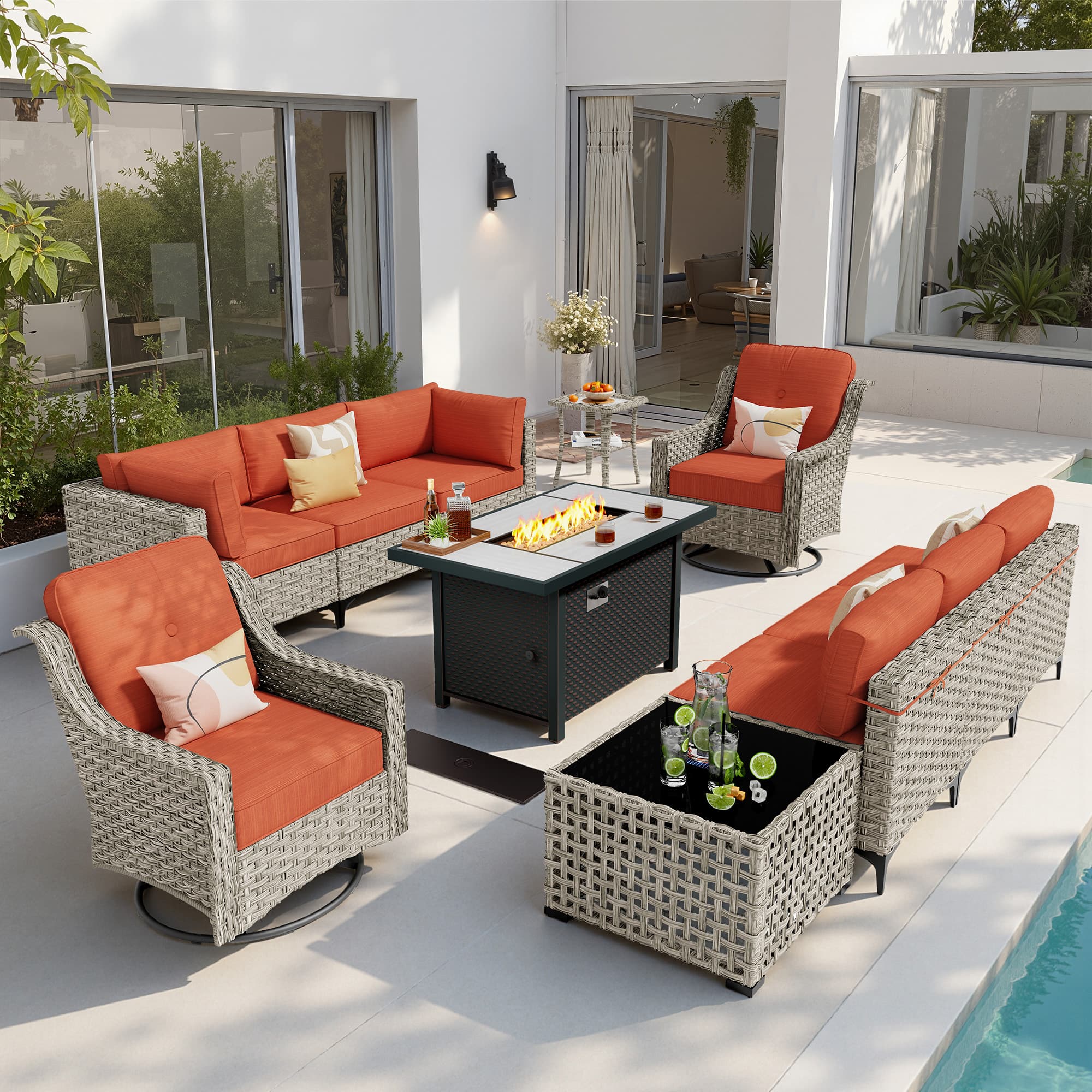 Ovios - 11 PCS Patio Furniture Sectional Sofa Set with Swivel Chair Coffee Table & 42" Firepit Table - Coarse Orange Red