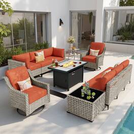 Ovios - 11 PCS Patio Furniture Sectional Sofa Set with Swivel Chair Coffee Table & 42" Firepit Table - Coarse Orange Red