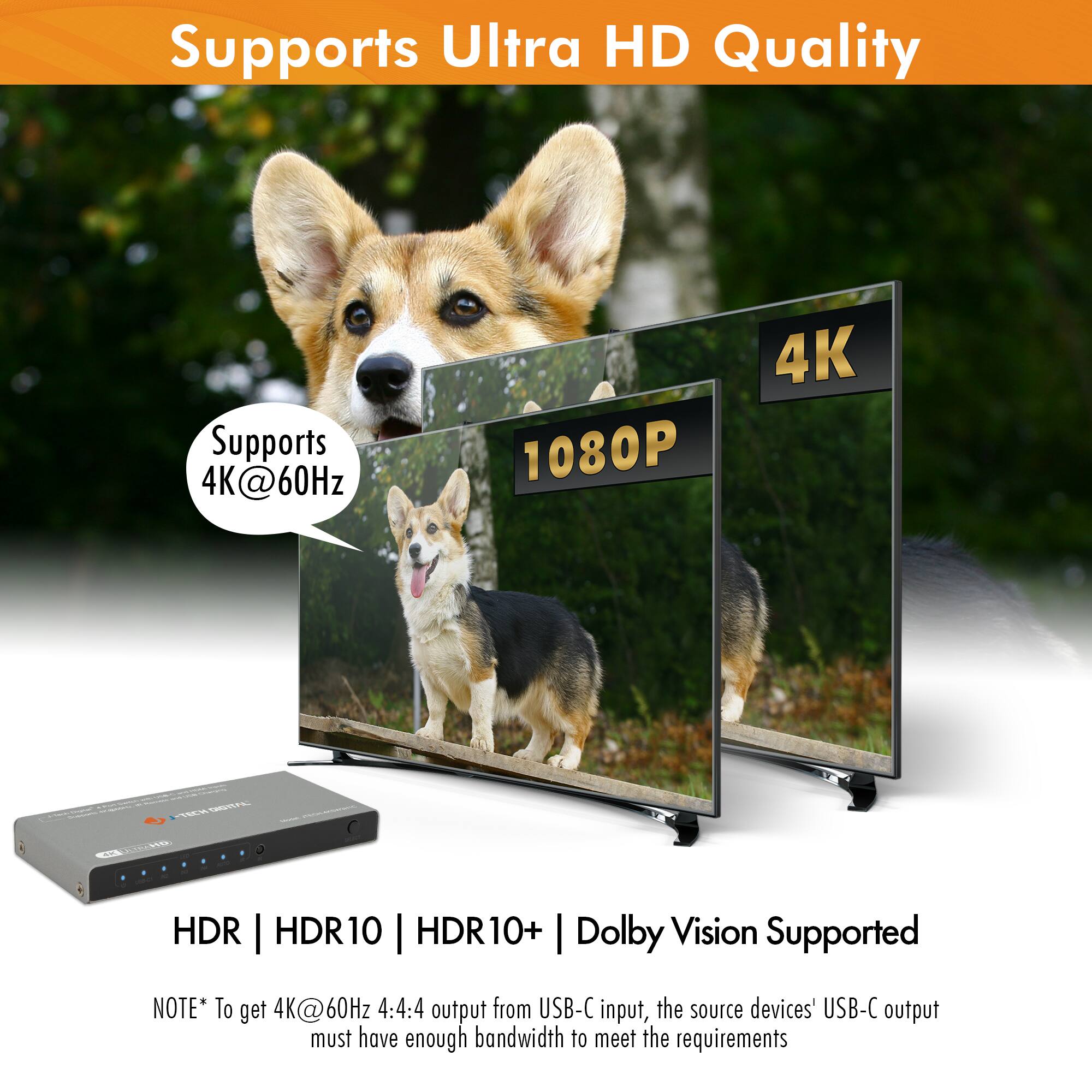 Supports Ultra HD Quality

Supports 4K@60Hz

1080P

4K

HDR | HDR10 | HDR10+ | Dolby Vision Supported

NOTE*: To get 4K@60Hz 4:4:4 output from USB-C input, the source devices' USB-C output must have enough bandwidth to meet the requirements