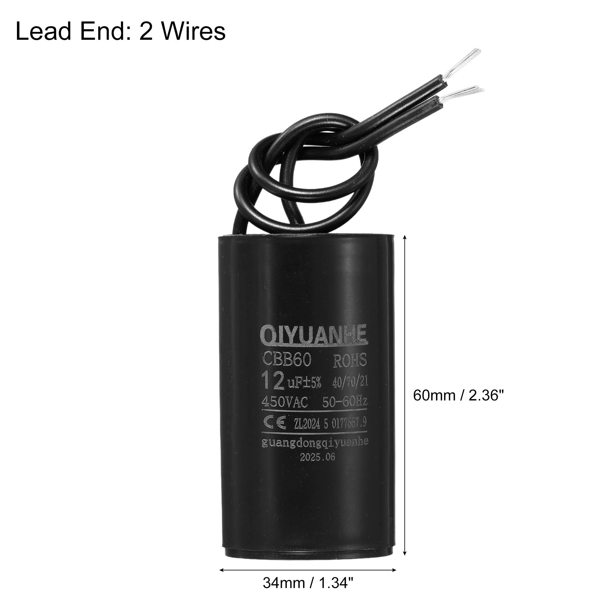 Lead End: 2 Wires

QIYUANHE  
CBB60  
ROHS  
12 uF 5%  
40/70/21  
50-60Hz  
450VAC  
CE  
ZL2024 5 0171667.9  
guangdongqiyuanhe  
2025.06  

60mm / 2.36"  
34mm / 1.34"