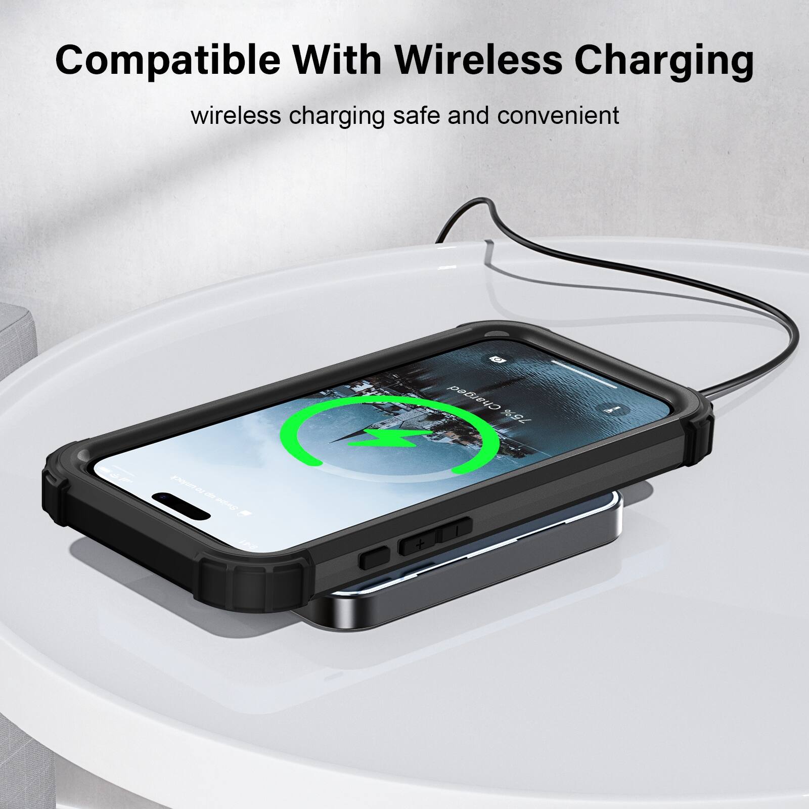 Compatible With Wireless Charging  
wireless charging safe and convenient  

Charged 75%  
unlock to do Swipe  
9:41
