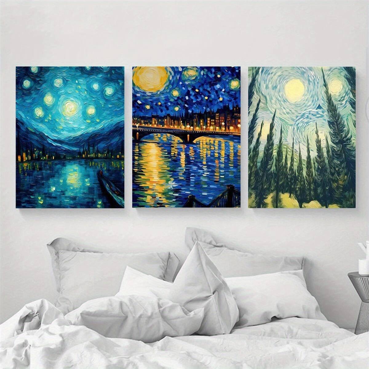 Front. blue - 3pcs Starry Night Canvas Wall Art Set, Abstract Blue Night Sky Landscape Print, Wrapped Pine Wood Frame, Classic Art De - Color:32*24inch(80*60cm).