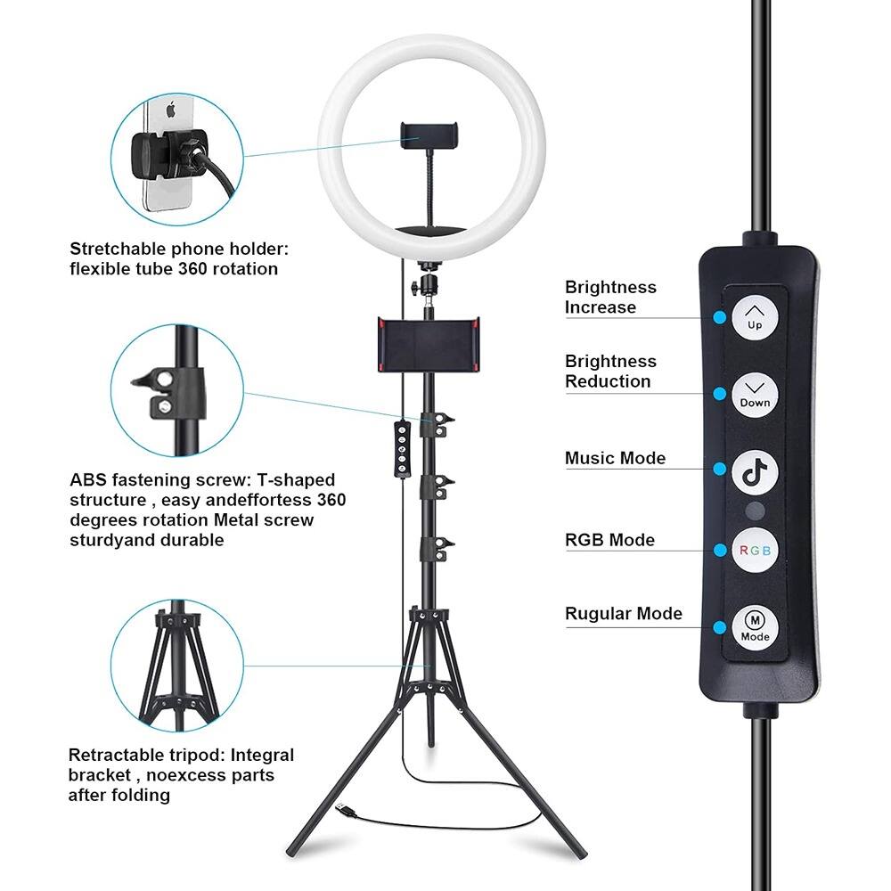 - Stretchable phone holder: flexible tube 360 rotation
- ABS fastening screw: T-shaped structure, easy and effortless 360 degrees rotation Metal screw sturdy and durable
- Retractable tripod: Integral bracket, no excess parts after folding
- Brightness Increase Up
- Brightness Reduction Down
- Music Mode
- RGB Mode
- Regular Mode