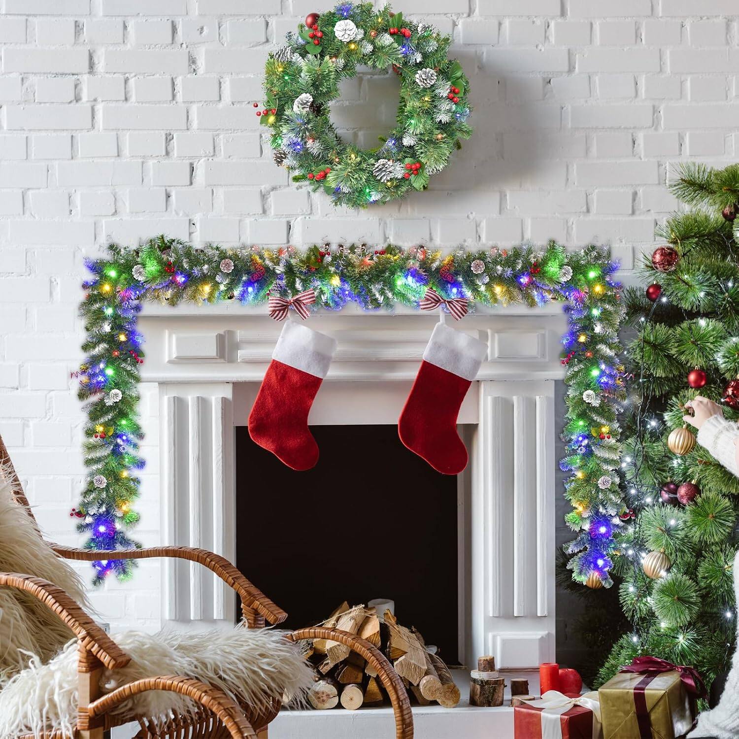 Back. Oumilen - 9FT Pre-Lit Christmas Garland – Multi-Color LED Lights, Timer, Pine Cones & Red Berries.
