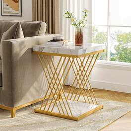 Tribesigns - Side Table, Modern Small End Table, Tall Nightstand - Faux Marble White+gold