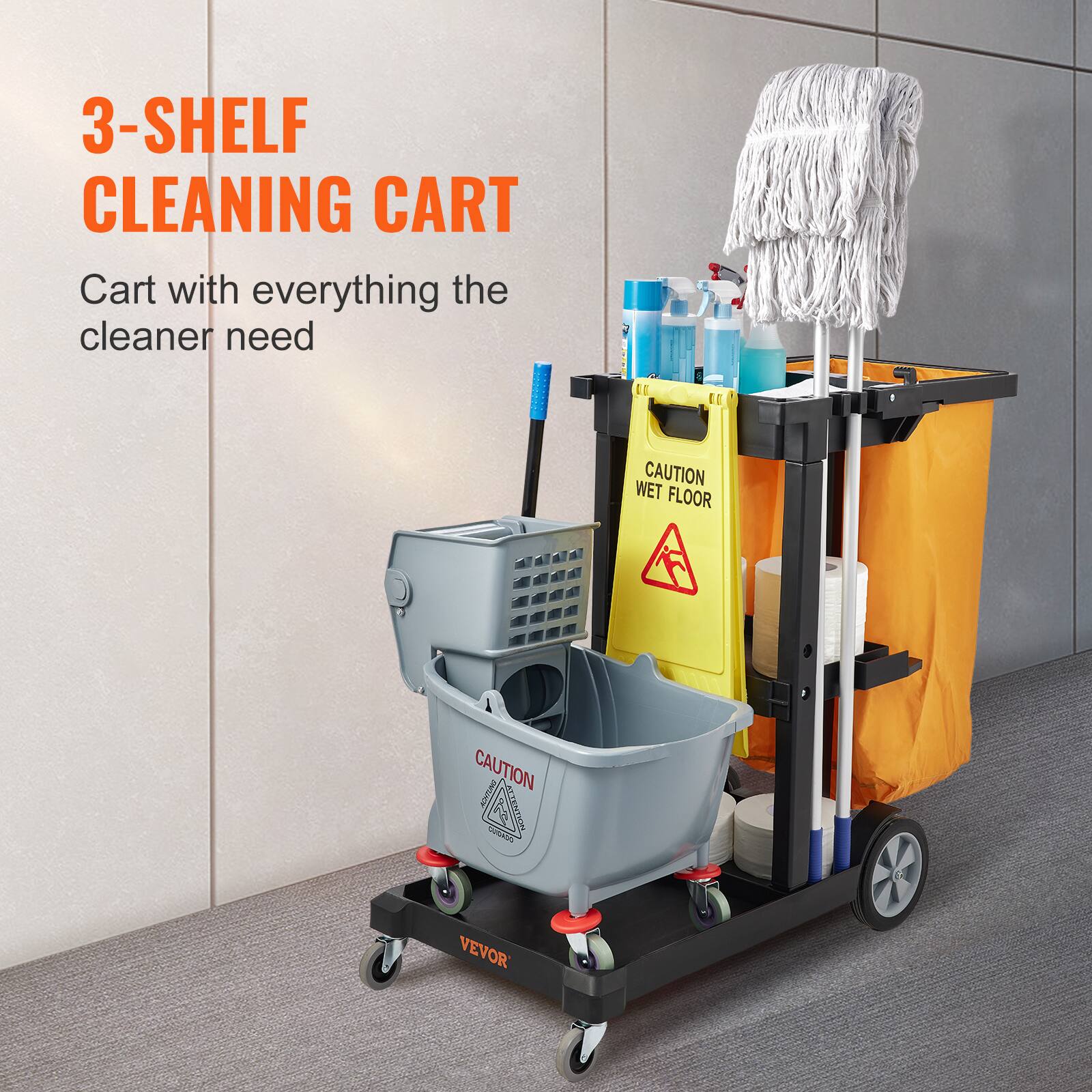 3-SHELF CLEANING CART  
Cart with everything the cleaner need  

CAUTION WET FLOOR  

CAUTION  

VEVOR