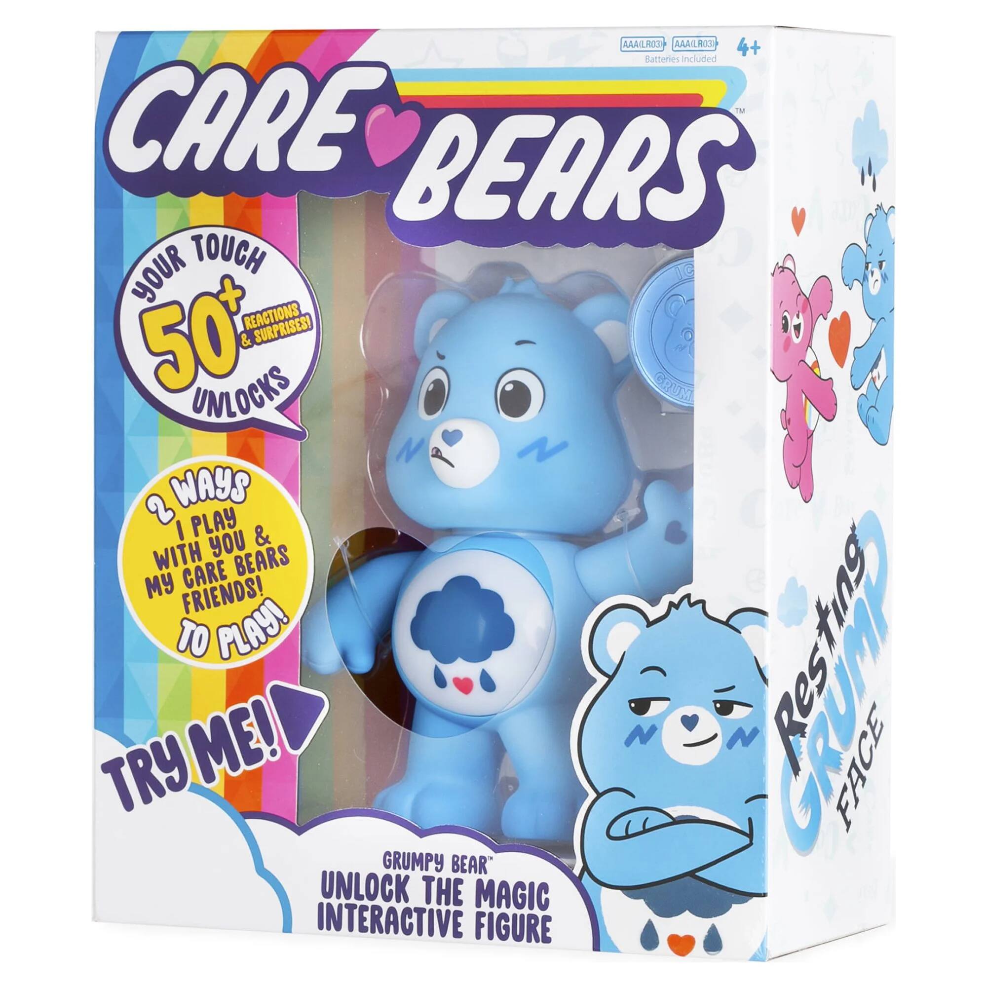 The text on the image can be grouped and corrected as follows:

- **Product Name:** Care Bears
- **Features:**
  - Batteries included
  - Your touch reactions
  - Surprises
  - 50+ unlocks
  - 2 ways to play
  - With you and my friends
  - Try me!
  - Face Grumpy Bear
  - Unlock the magic interactive figure

This packaging highlights the interactive features and the fun elements of the Grumpy Bear toy.