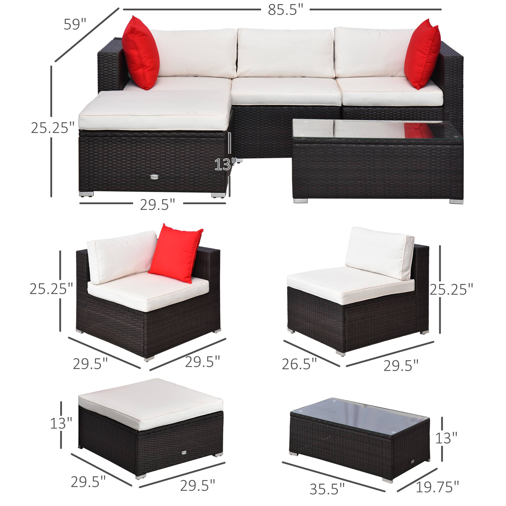 The sofa: 85.5", 59", 25.25", 29.5", 13"
The armchair: 25.25", 29.5", 26.5"
The ottoman: 13", 29.5"
The coffee table: 35.5", 19.75"