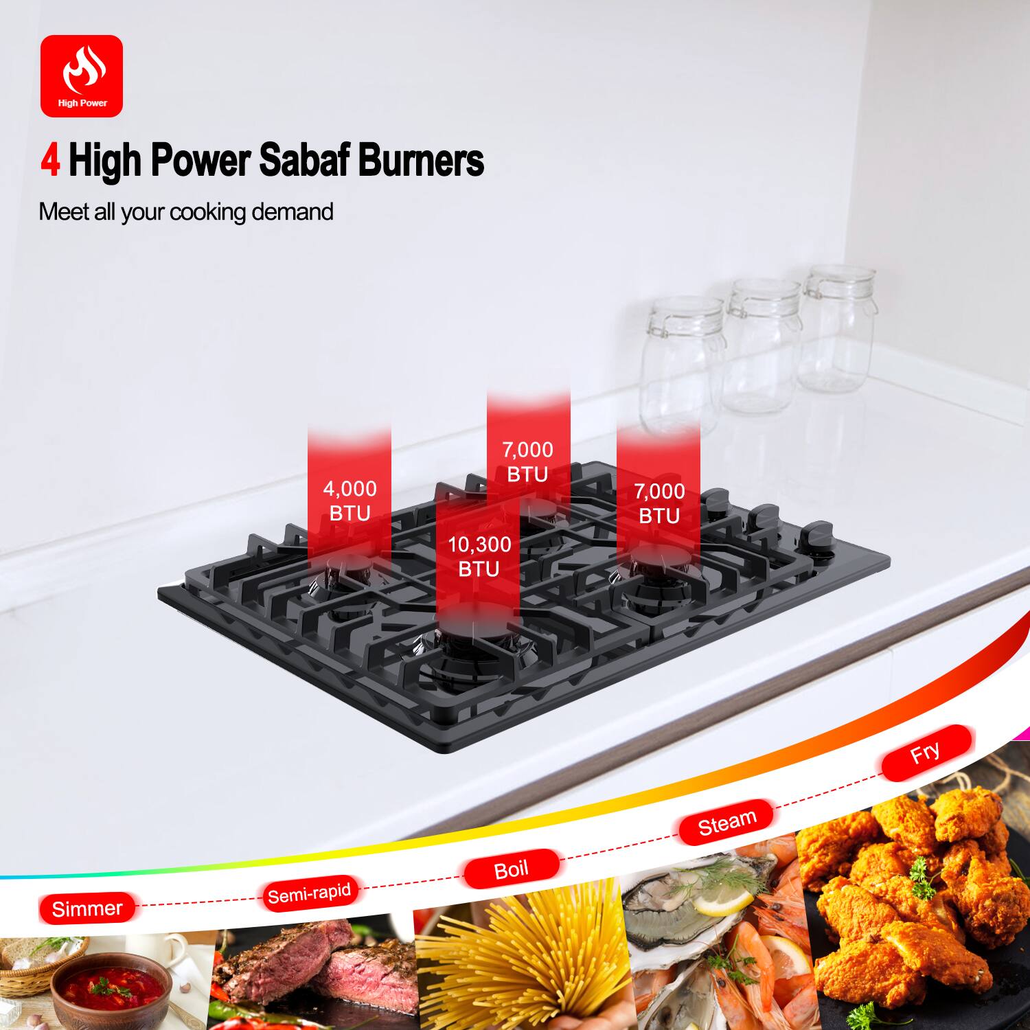 High Power Sabaf Burners, Meet all your cooking demand, 4,000 BTU, 7,000 BTU, 10,300 BTU, 7,000 BTU, Fry, Simmer, Semi-rapid, Boil, Steam