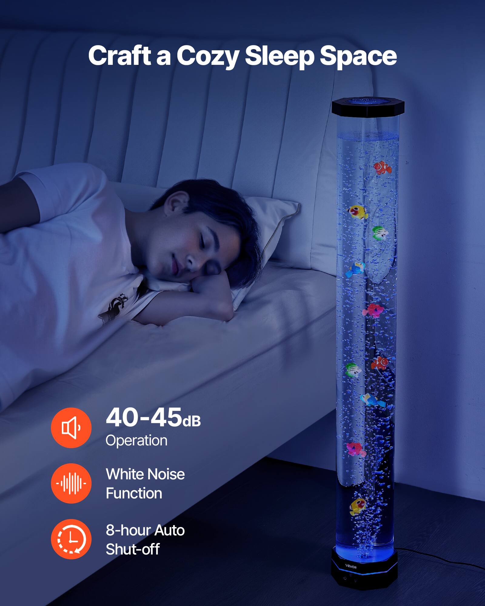 Craft a Cozy Sleep Space

40-45dB Operation

White Noise Function

8-hour Auto Shut-off