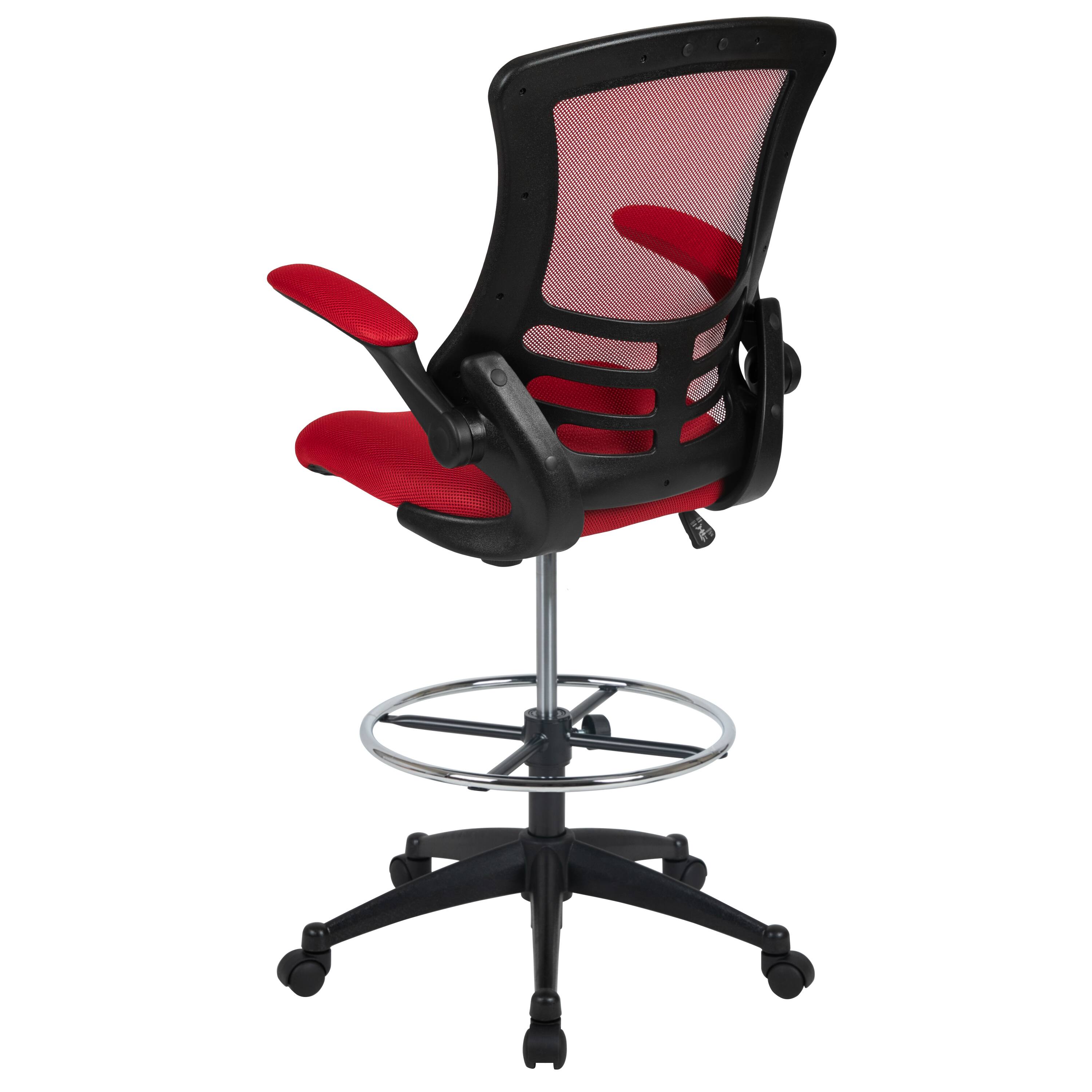 Alt View 5. Emma + Oliver - Mid-Back Mesh Ergonomic Drafting Chair with Foot Ring and Flip-Up Arms - Red Mesh/Black Frame.