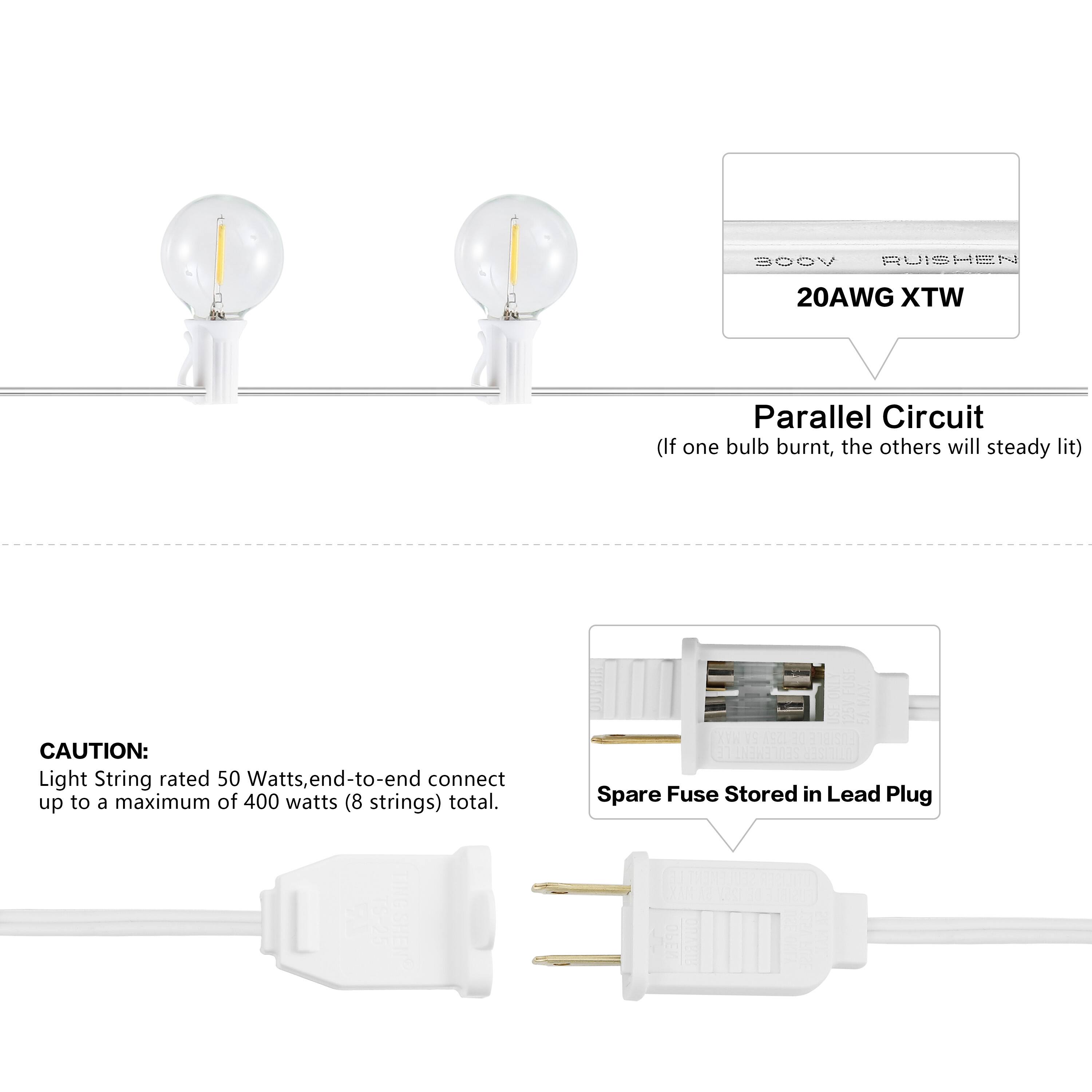 VODS I 20AWG WTX Parallel Circuit (If one bulb burnt, the others will steady lit)  
CAUTION: Light String rated 50 Watts, end-to-end connect up to a maximum of 400 watts (8 strings) total.  
Spare Fuse Stored in Lead Plug