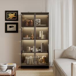 Famapy - Glass - Door Display Cabinet with LED Lighting & Aluminum Frame - Multi - Shelf Storage for Living Room - Black
