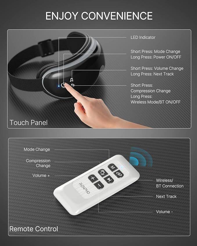 ENJOY CONVENIENCE

LED Indicator
- Short Press: Mode Change
- Long Press: Power ON/OFF
- Short Press: Volume Change
- Long Press: Next Track
- Short Press: Compression Change
- Long Press: Wireless Mode/BT ON/OFF

Touch Panel
- Mode Change
- Compression Change
- Volume +

Remote Control
- Wireless/ BT Connection
- Next Track
- Volume -