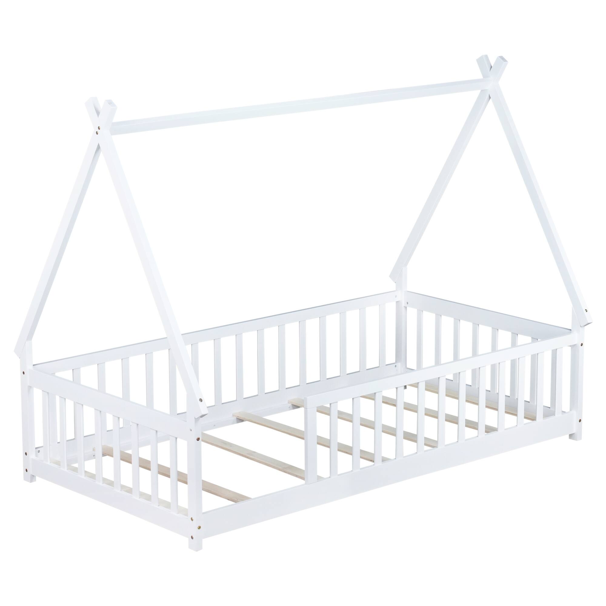 Alt View 4. GOODSILO - Twin-Size Tent-Shaped Low Profile Floor Bed with Safety Guardrails and Slatted Base - White.