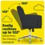 The image features a black office chair with a yellow background. The chair is designed to easily recline up to 122 degrees, which is more than the industry standard. The chair is shown in a reclined position, indicating its comfort and functionality. The yellow background adds a vibrant touch to the image, making it visually appealing and eye-catching.
