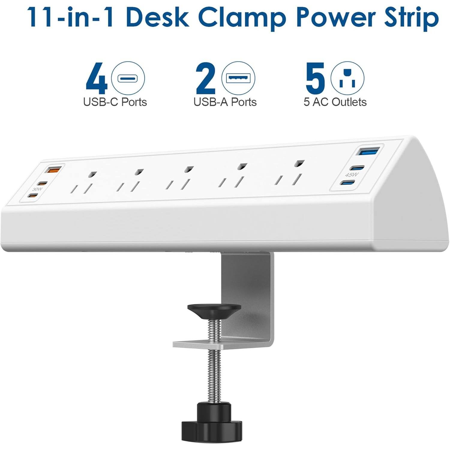 11-in-1 Desk Clamp Power Strip

- 4 USB-C Ports
- 2 USB-A Ports
- 5 AC Outlets