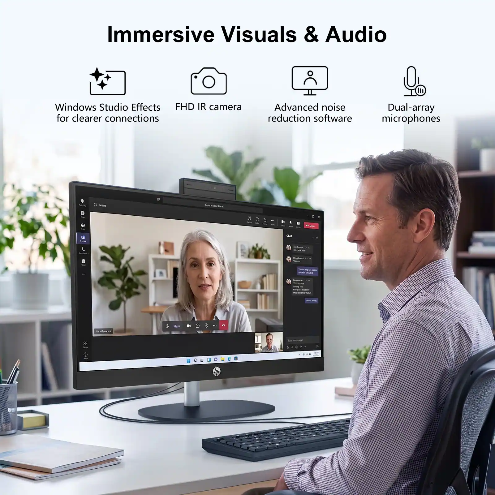 Immersive Visuals & Audio

- Windows Studio Effects for clearer connections
- FHD IR camera
- Advanced noise reduction software
- Dual-array microphones
