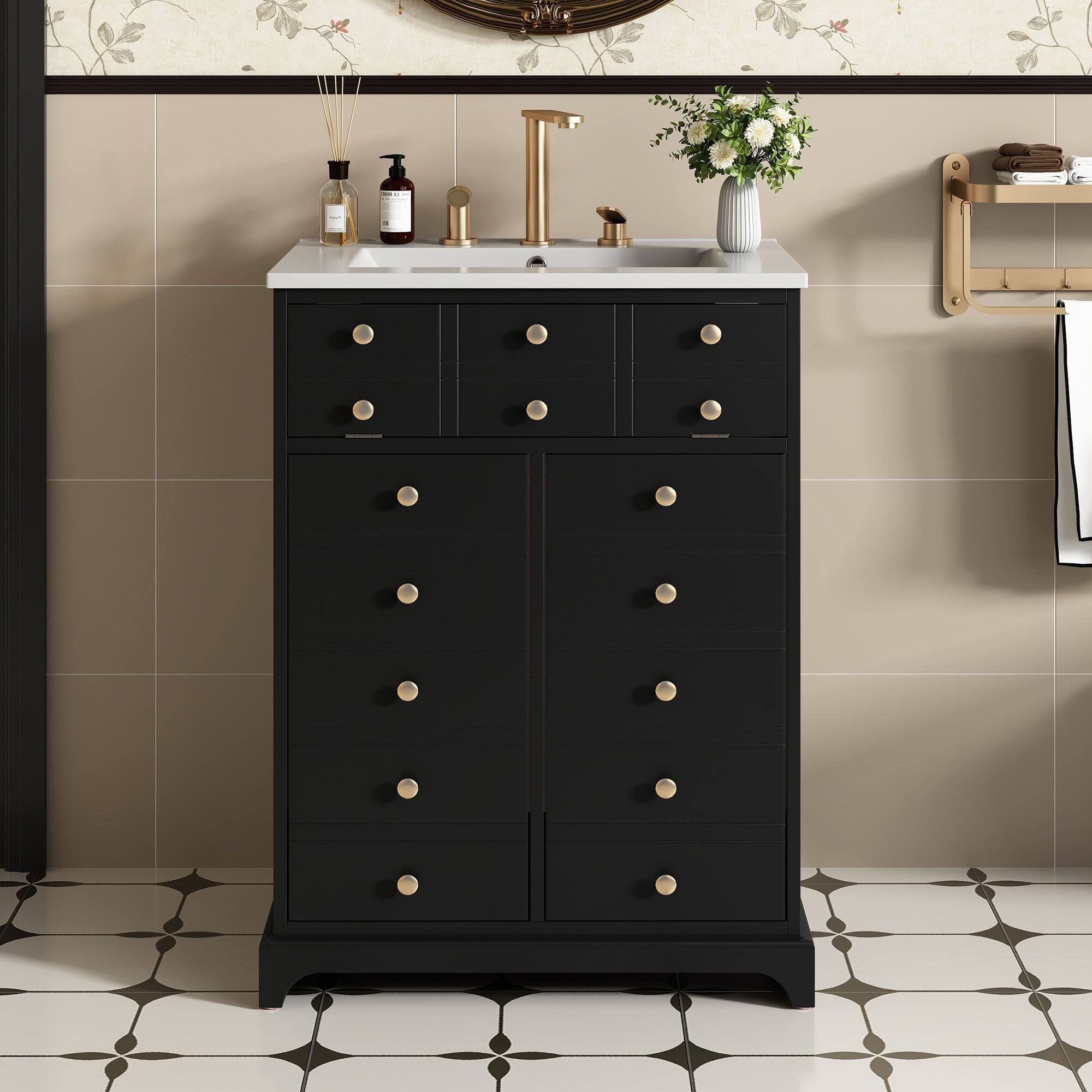 Alt View 4. Boyel Living - 24 Inch Bathroom Vanity with Ceramic Sink Drawer and Double Doors Black - Black.
