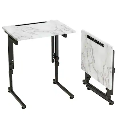 Front. Fabibe - Tv Tray Folding Dinner Table Adjustable Small C-shaped End For Eating Foldable Slide Under Couch Side - White Marble 1PC.