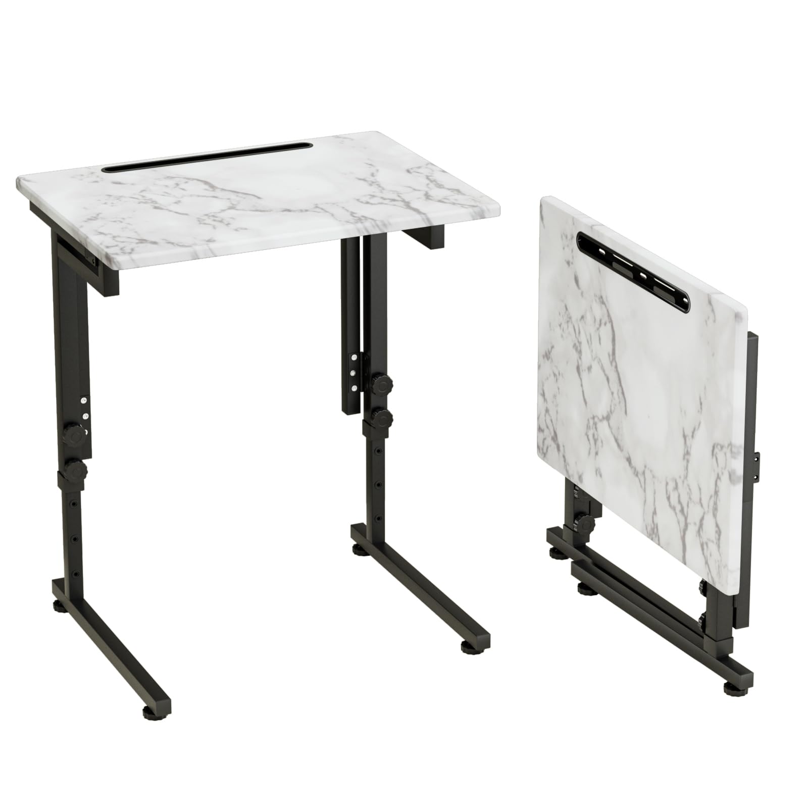 Front. Fabibe - Tv Tray Folding Dinner Table Adjustable Small C-shaped End For Eating Foldable Slide Under Couch Side - White Marble 1PC.