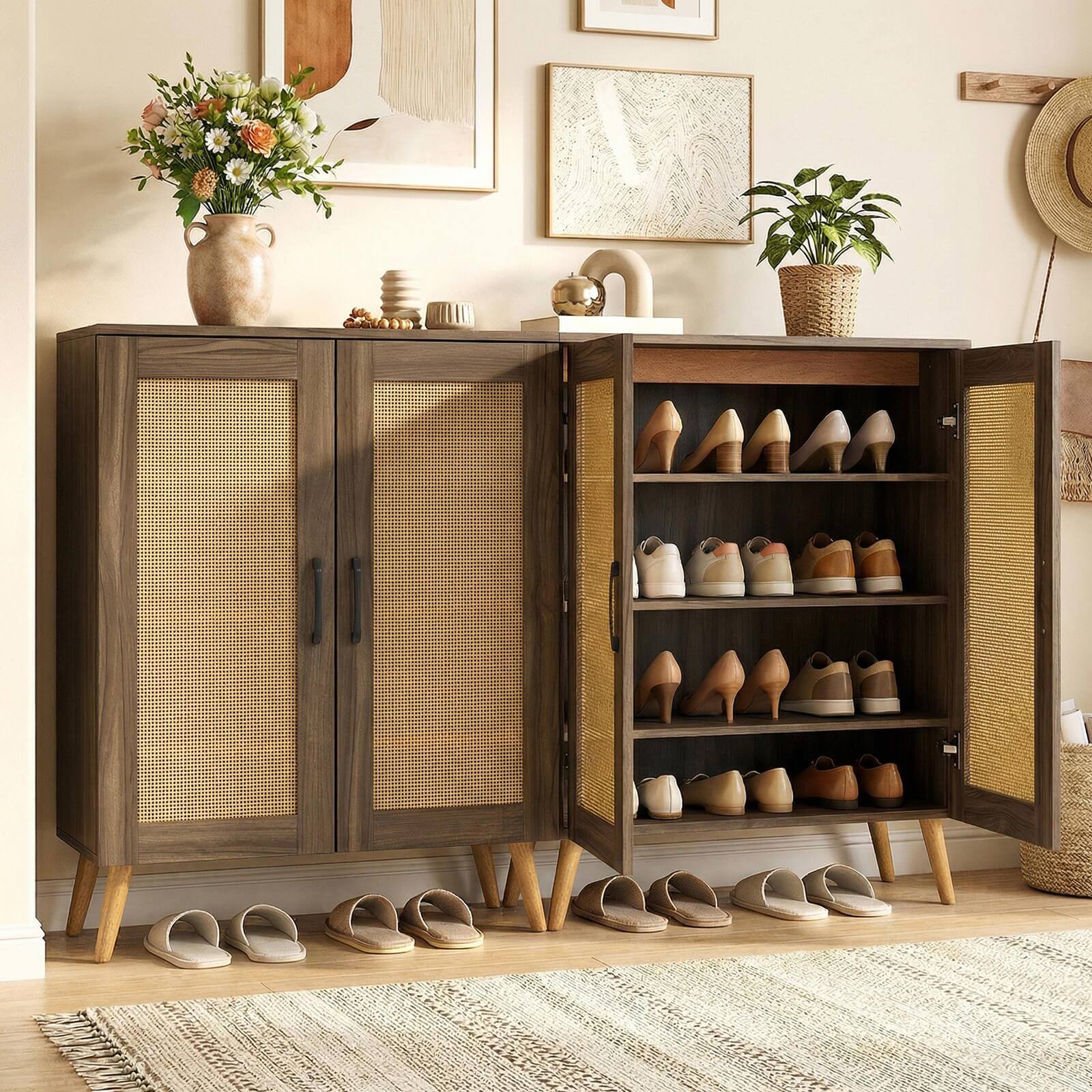 Alt View 3. Costway - Costway Rattan Shoe Cabinet with 3 Removable Shelves,5-Tier Narrow Cabinet Wood Legs - Walnut.