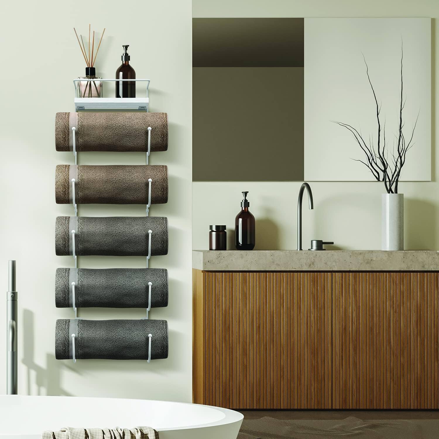 Alt View 2. Sorbus - Sorbus Bathroom Towel Holder - 5 Tier Metal Towel Rack with Wood Shelf for Rolled Bath Towels, Washcloths, Linens - White.