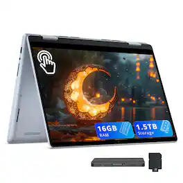 Dell - Inspiron 14" 2K 2-in-1 Touch Laptop,AMD Ryzen 5 8640HS,16GB RAM,512GB SSD+1TB Dock Set,Backlit,Win 11 - Ice Blue