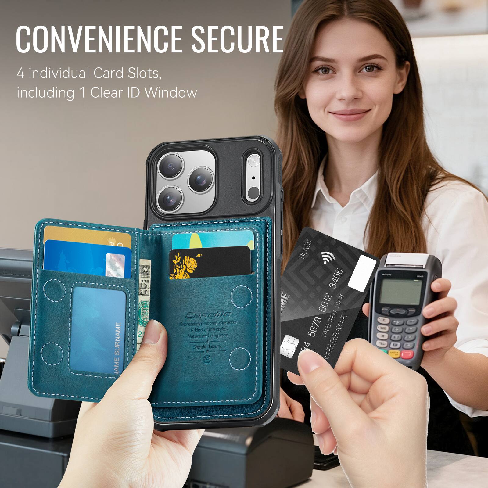 CONVENIENCE SECURE  
4 individual Card Slots, including 1 Clear ID Window  

SURNAME NAME  
P. D 20  
Casele Dionesing  
personal  
F Knd of Pe sy ad sleggere  
Simple Lony ME  
ACK BL 3456 9012 8/10 UV THRU  
NAME 5678  
VALID 84 ADHOLDER