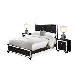 East West Furniture - NE11-Q2N000 3-PC Nella Bedroom Set with Button Tufted Queen Bedframe and 2 Modern Nightstands - Leather Headboard - Black