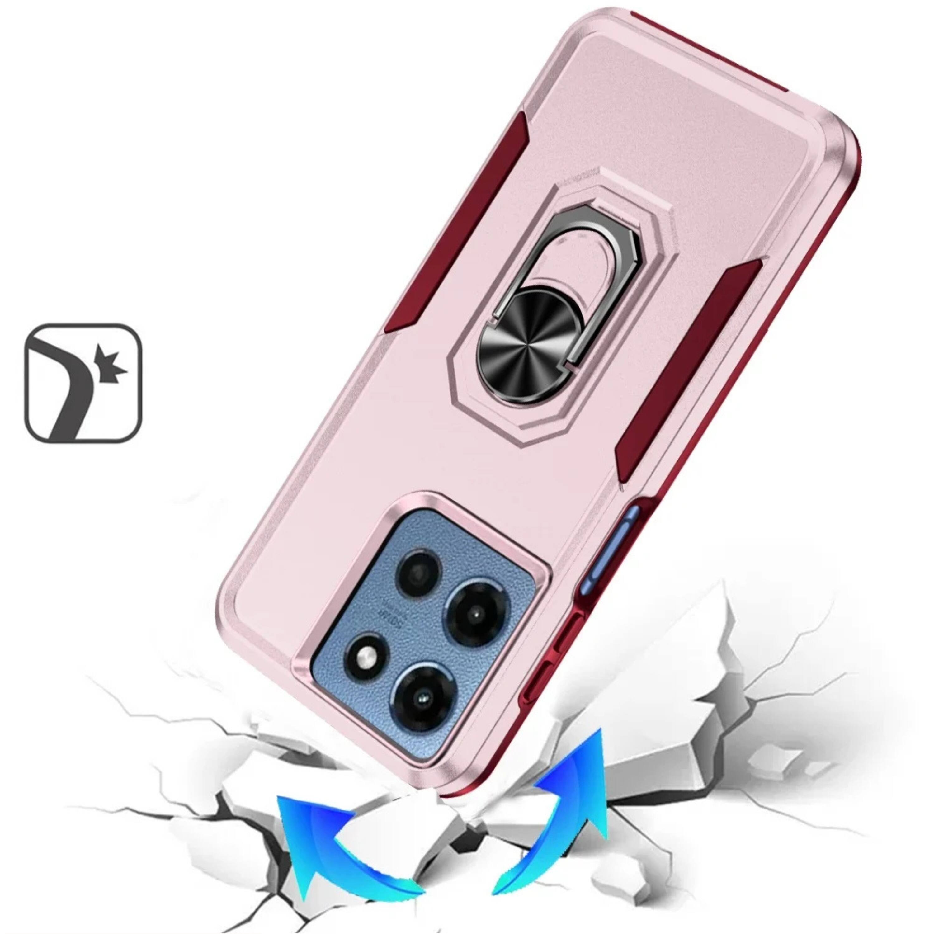 Angle. Kitcheniva - Hard Outer Shell Soft Inner Rubber Phone Case With Metal Ring Stand Tempered Glass For Moto G 2025/2026/G Play 2026 Pink - Pink.