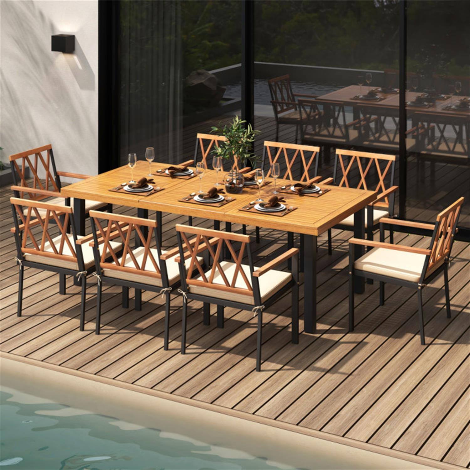 Alt View 2. Pefilos - 9 Pieces Patio Dining Furniture Set, 39.5" Acacia Wood Dining Table with Umbrella Hole and 24, Wide Chairs, Beige-B - Beige.