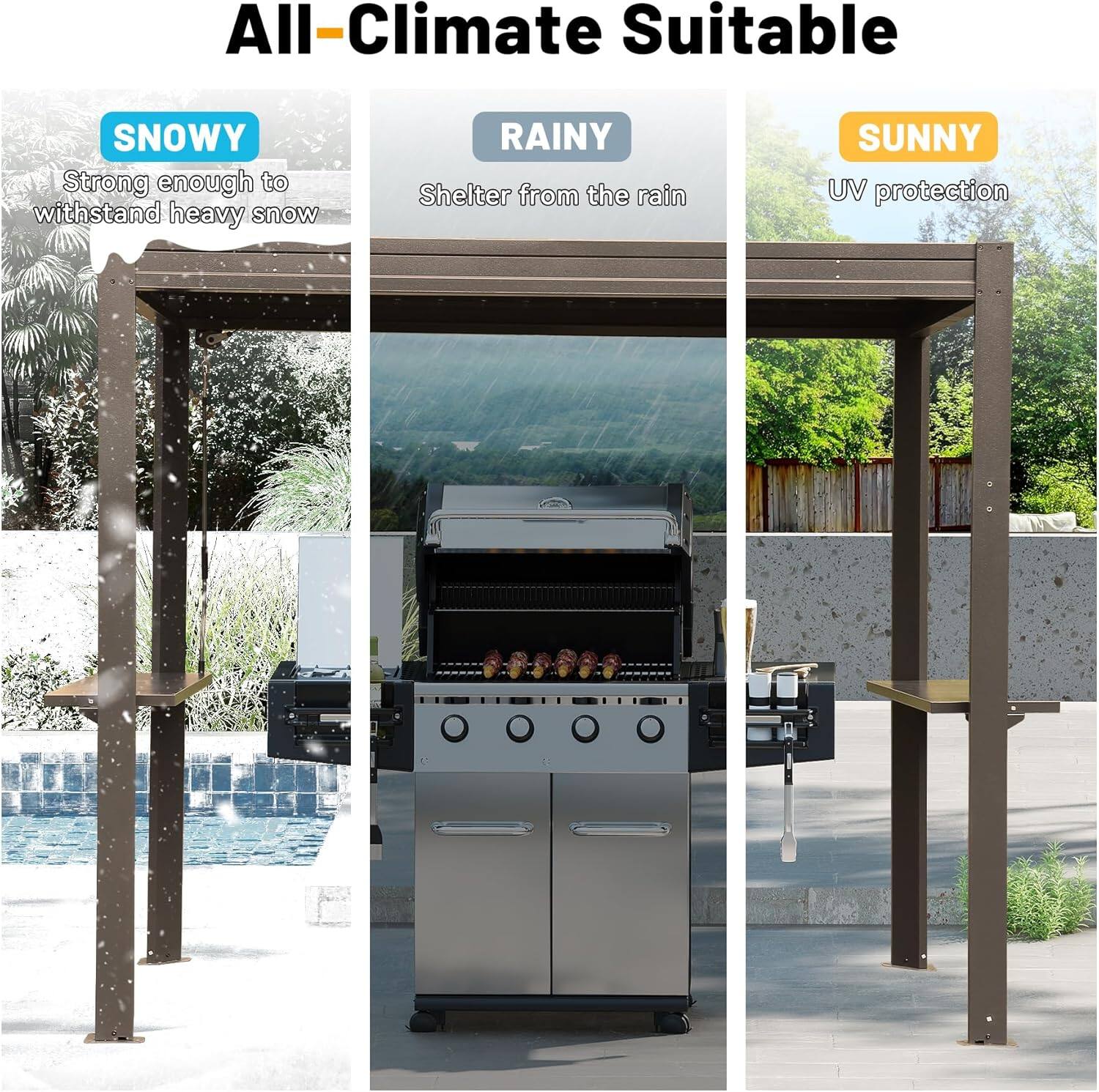 All-Climate Suitable

SNOWY
Strong enough to withstand heavy snow

RAINY
Shelter from the rain

SUNNY
UV protection