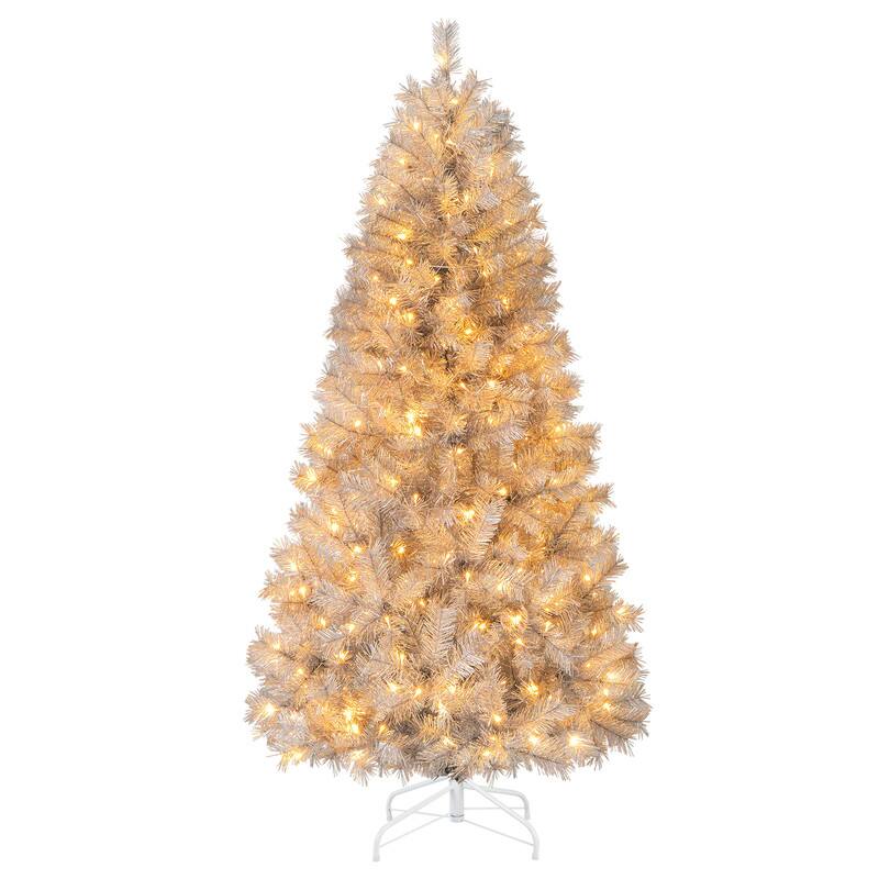 Alt View 2. WELLFOR - 6ft Pre‑litHinged Artificial Christmas Tree with 553 Branch Tips &230 LED Lights,  Silver‑Tinsel Xmas Tree - Silver.