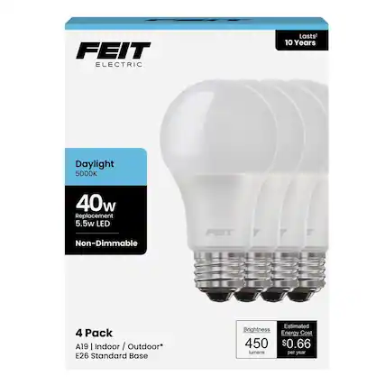 FEIT ELECTRIC
Lasts 10 Years
Daylight 5000K
40w Replacement 5.5w LED
Non-Dimmable
4 Pack
A19 | Indoor / Outdoor*
E26 Standard Base
Brightness 450 lumens
Estimated Energy Cost $0.66 per year