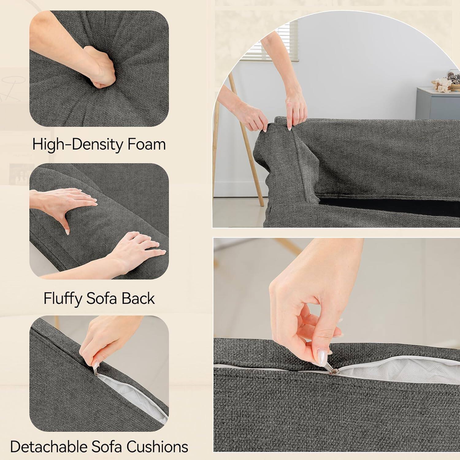 High-Density Foam, Fluffy Sofa Back, Detachable Sofa Cushions