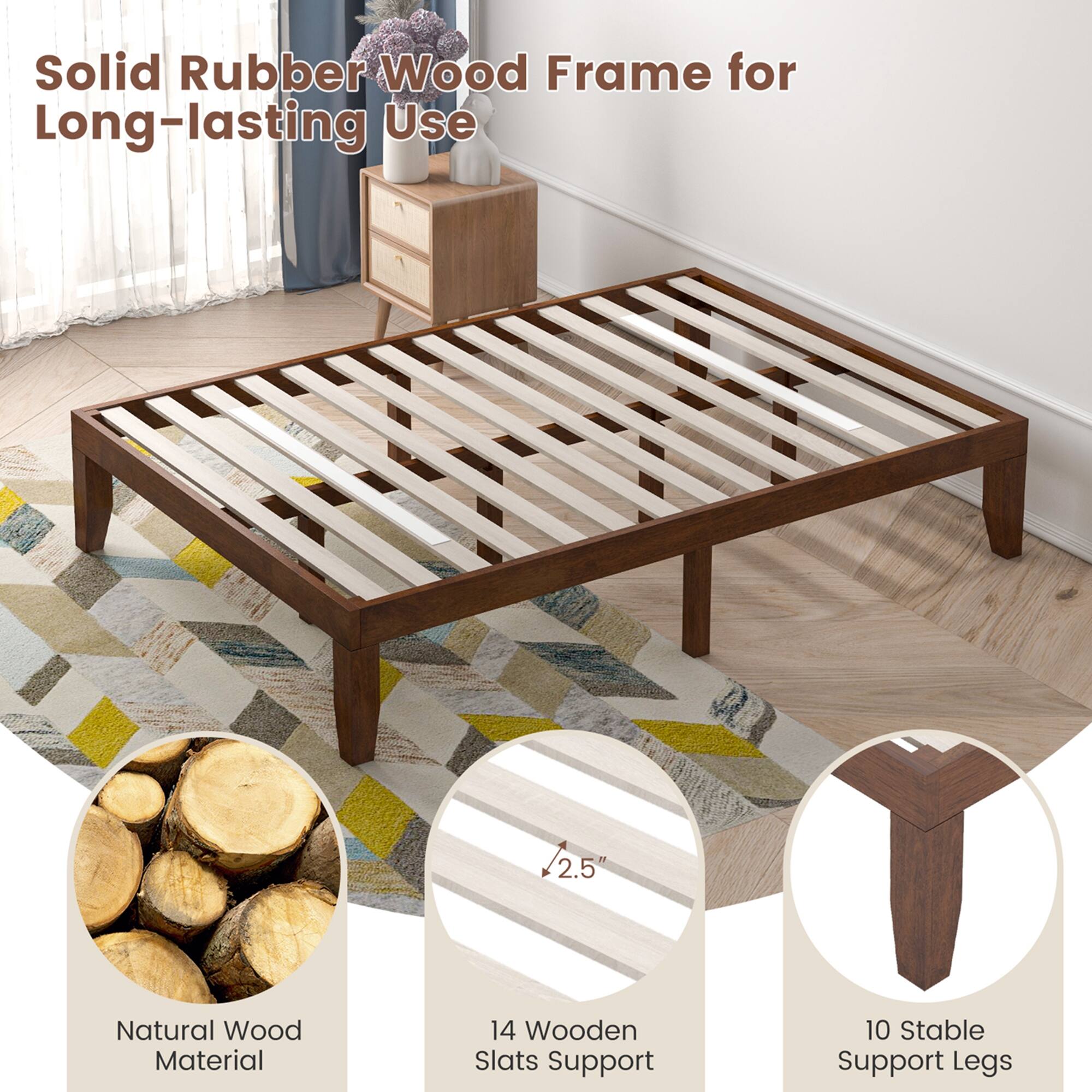 Alt View 7. Costway - Costway Full Wooden Platform Bed 14" Slats Support Mattress Foundation - Brown.